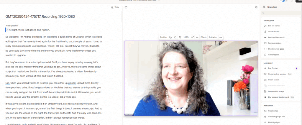 Screenshot of Andrea Stenberg editing a video in Descript, with her on camera, the transcript on the left, and Descript’s Underlord tools visible on the right.