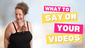 What to say on your videos. Title on screen next to a photo of Andrea Stenberg. Her curly hair is up in a messy bun and she's wearing a multi-coloured funky and chunky necklace.