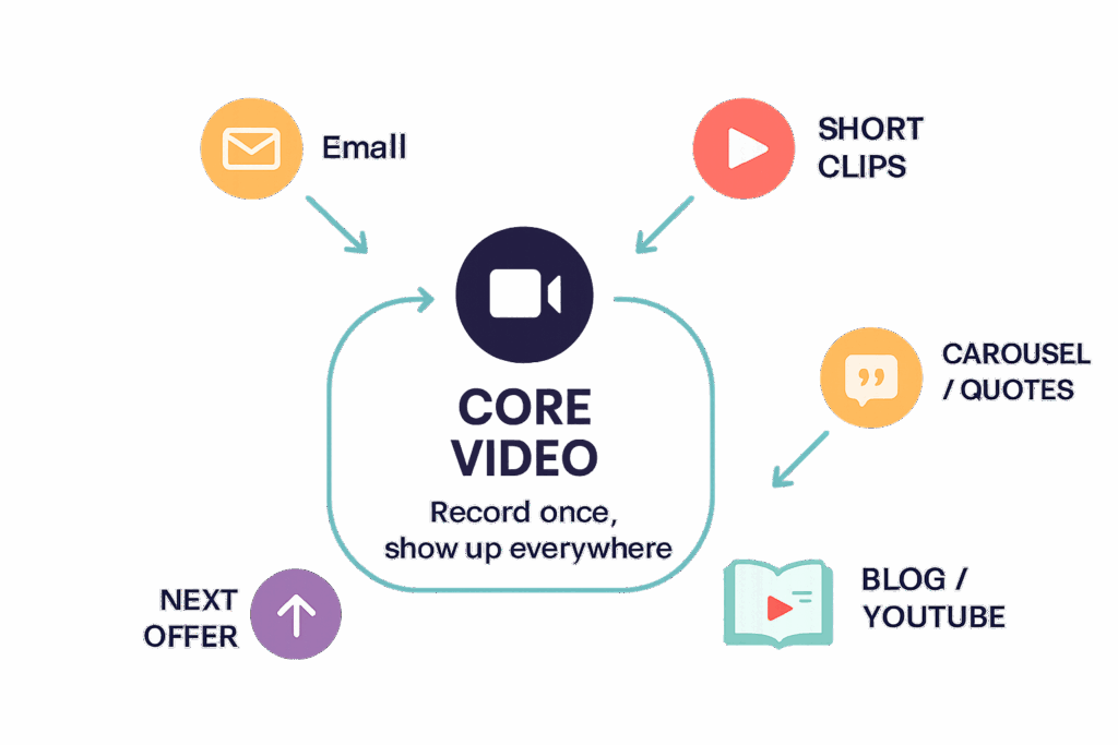 make video the foundation of your marketing. Video-first flywheel showing one core video repurposed into email, short clips, quotes/carousel, blog/YouTube, and back to next offer via arrows